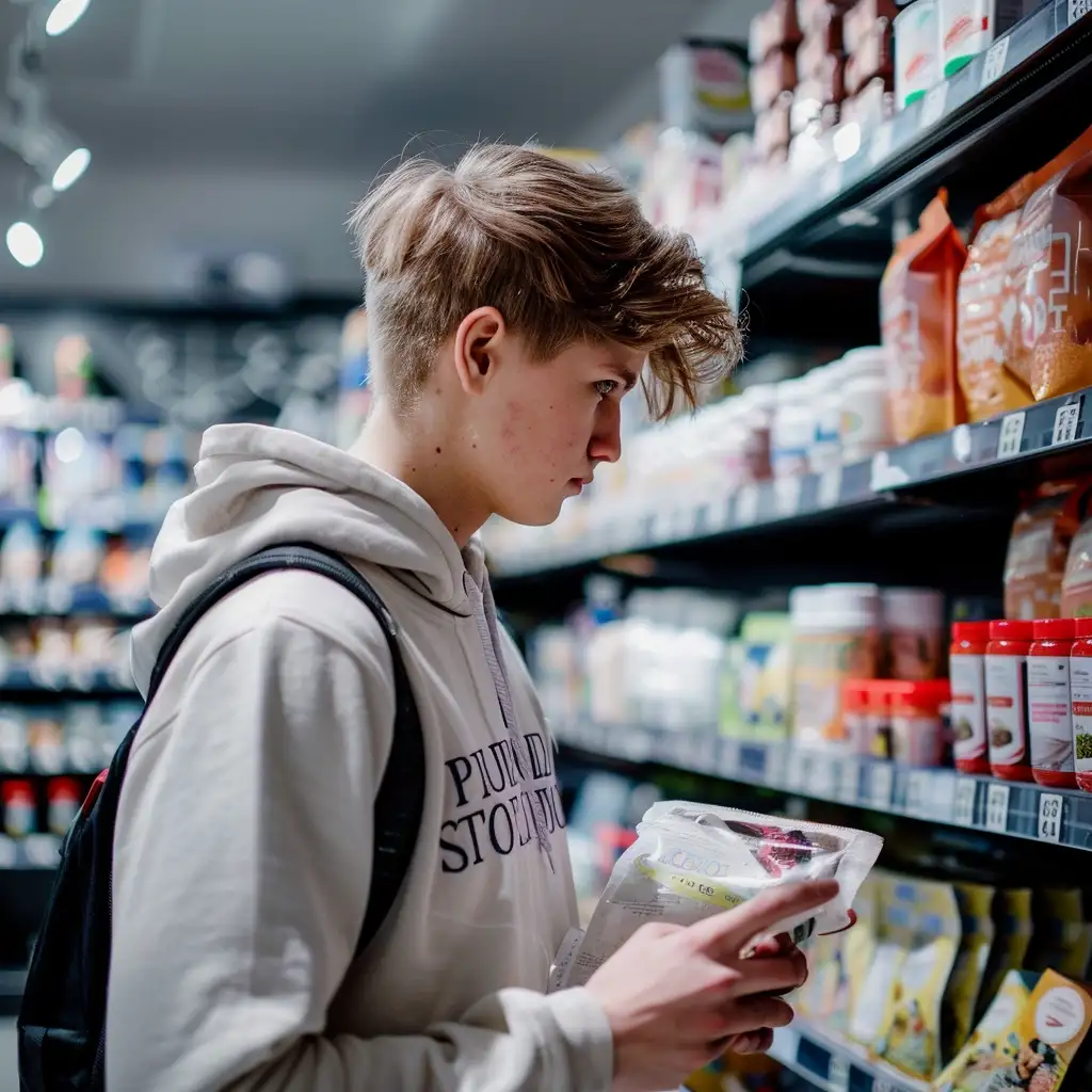 Teenager dreng kigger på proteinpulver i en butik.